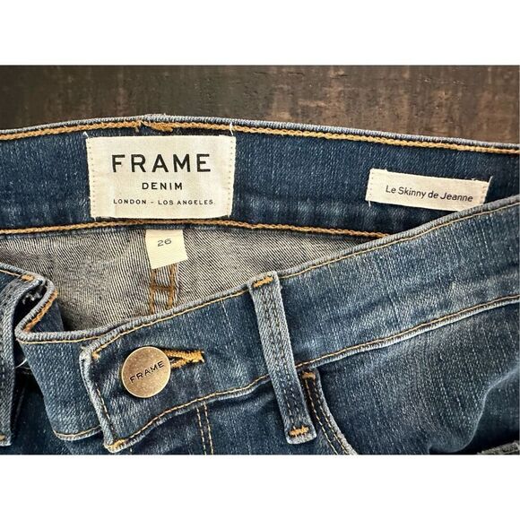 FRAME Denim Le Skinny de Jeanne Dark Wash High Low Cut Out Ankle Jeans Size 26 - Picture 3 of 5